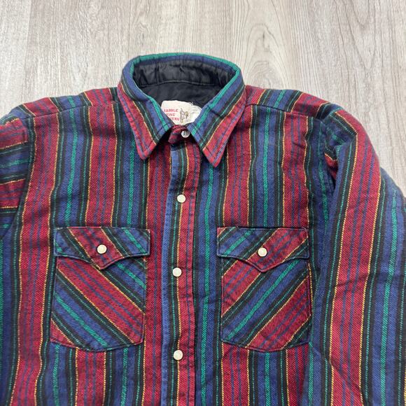 Saddle King Western Shacket Men's Large Striped Flannel Insulated Pearl Snap 90s - Picture 3 of 6